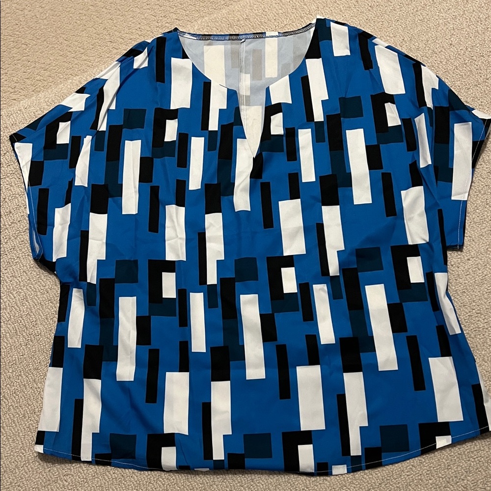NWT - Bold Blue and Black Patterned V-neck Top